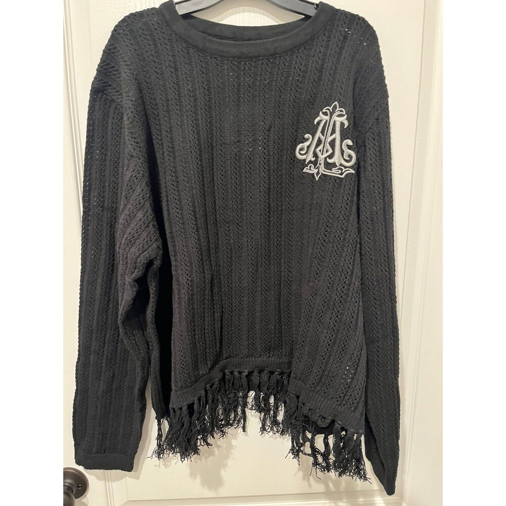 Lifted Anchors Black Distressed Fringe Knit Sweater Size Small